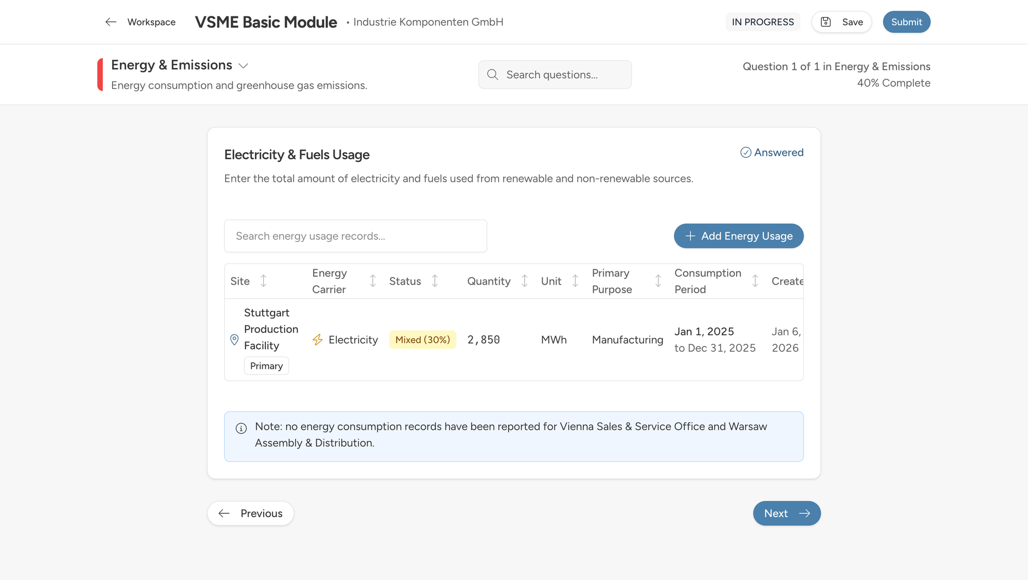 CSRD Pro guided data collection interface showing energy usage questions