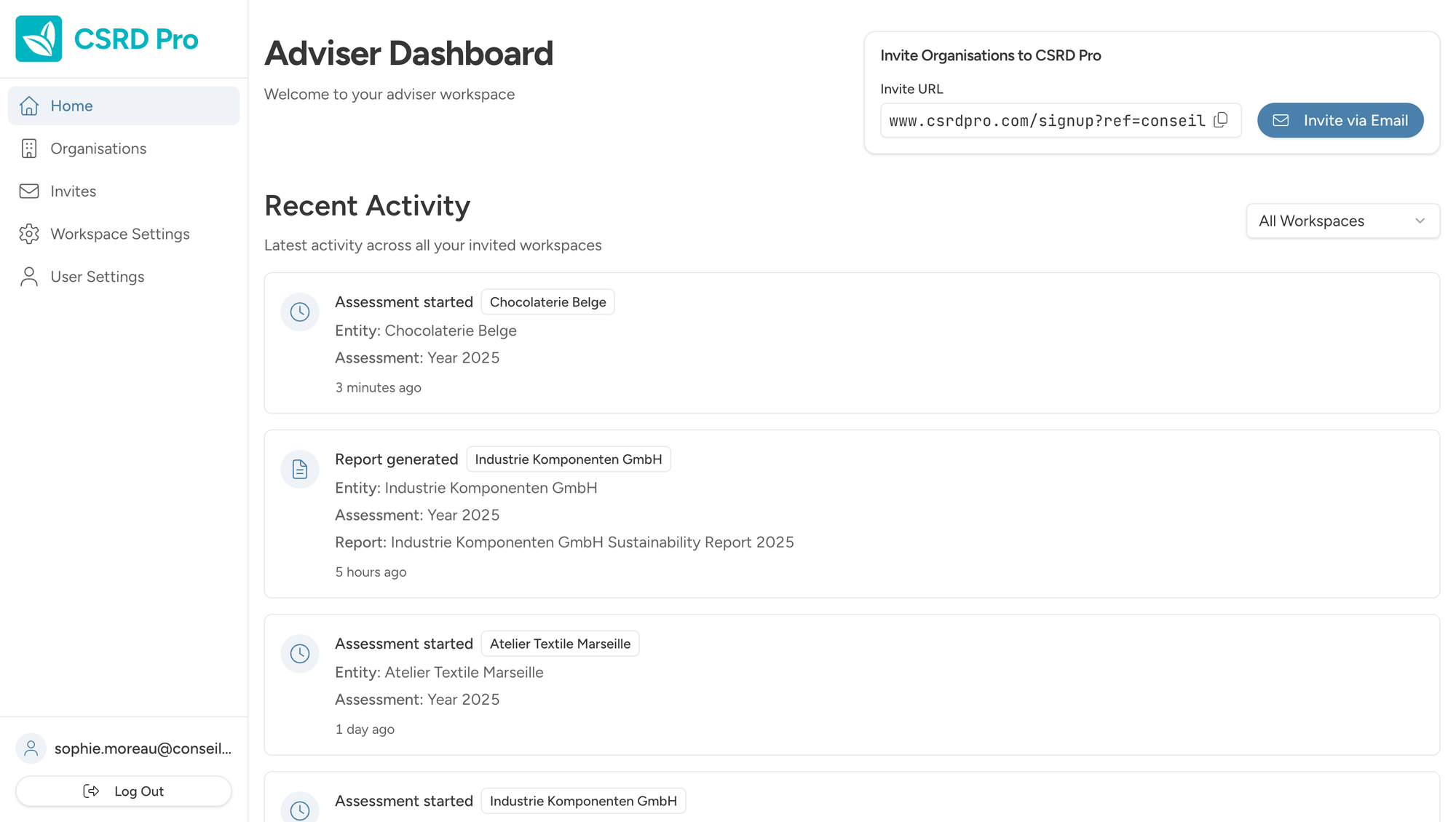 Adviser dashboard showing client activity and progress tracking