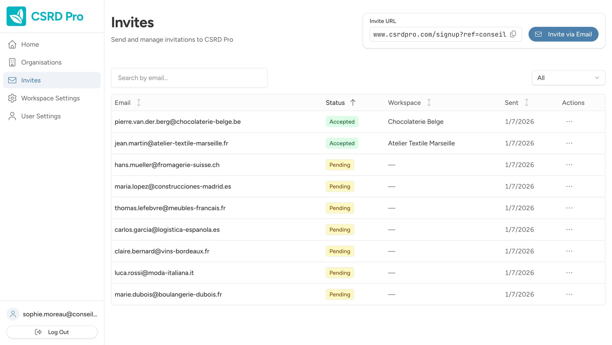 Adviser dashboard showing invite management interface