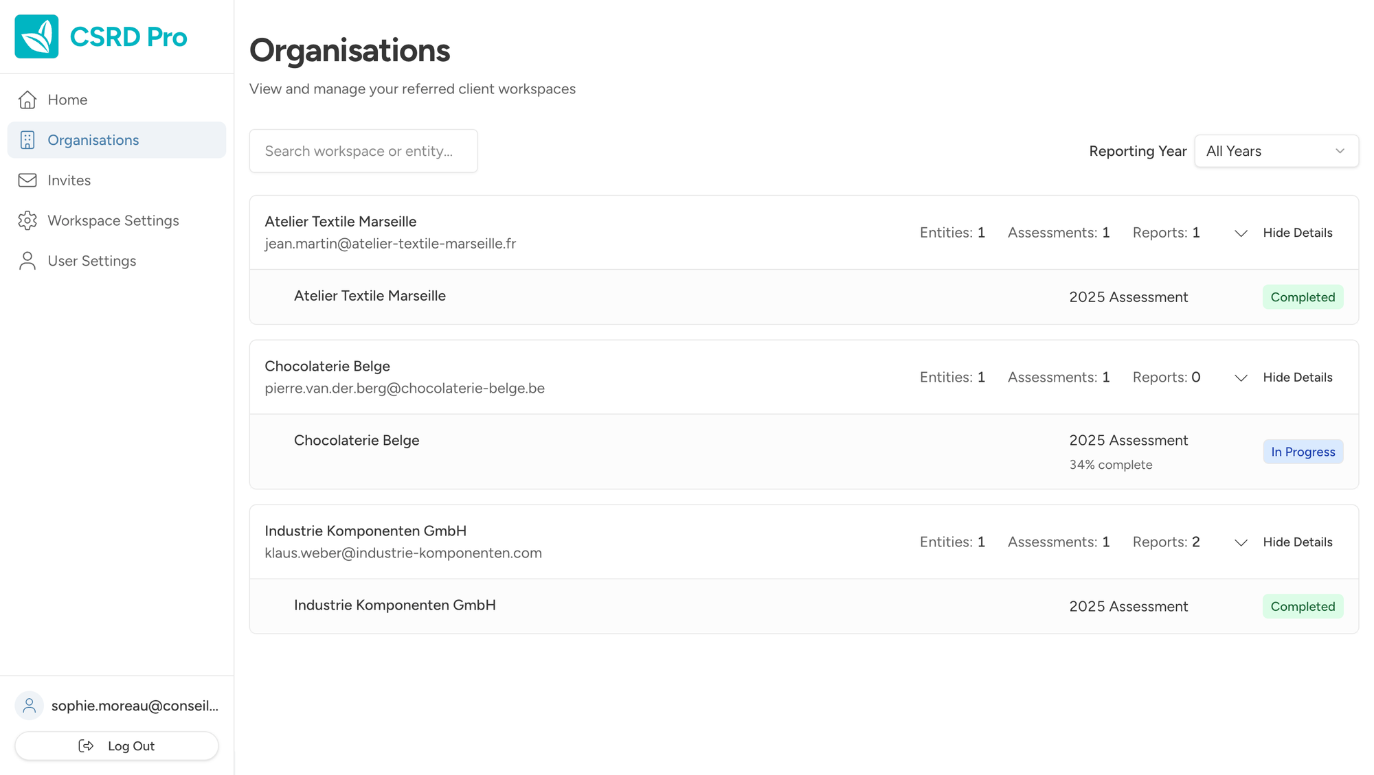 Adviser dashboard showing client organisations and progress