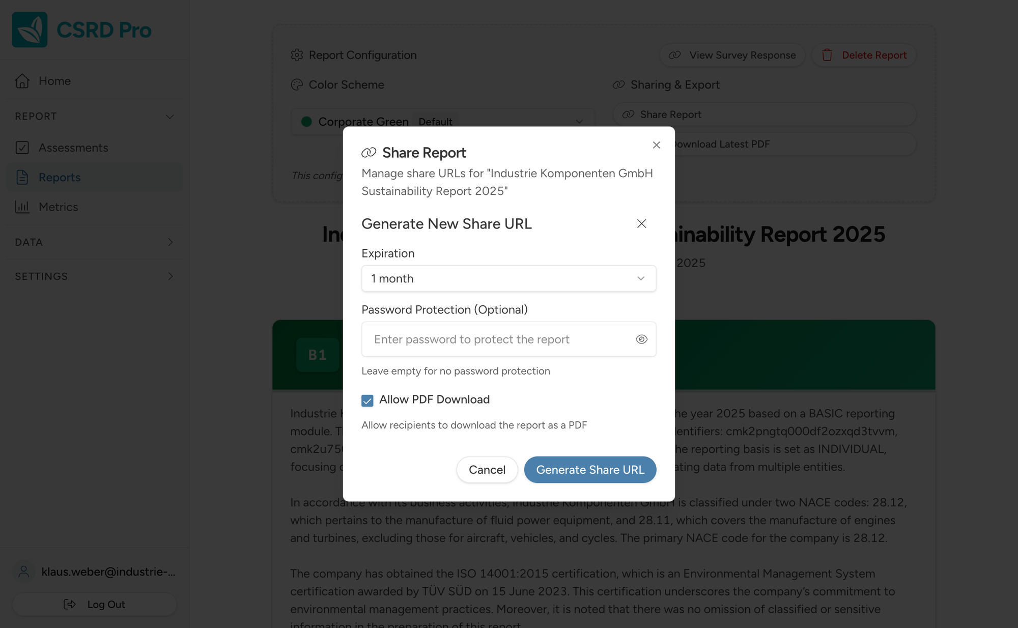 Generate & Share Report - Share URL interface