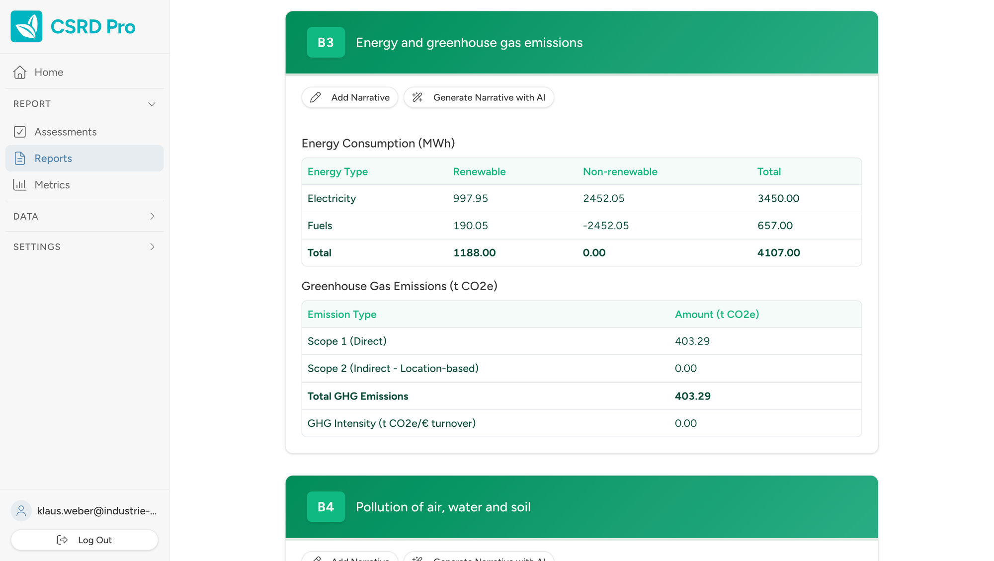Report preview showing energy data