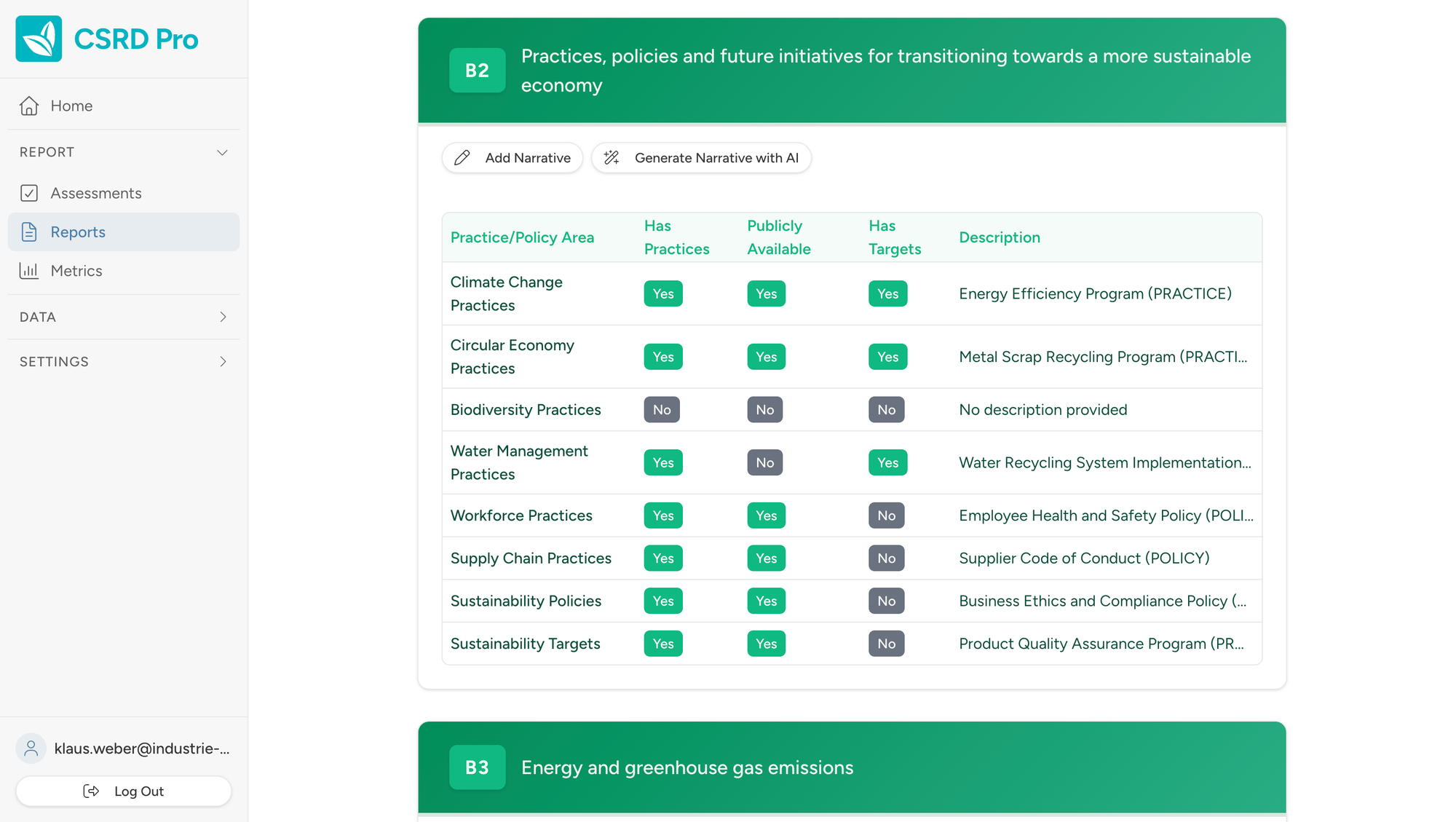 CSRD Pro report preview showing professional report generation