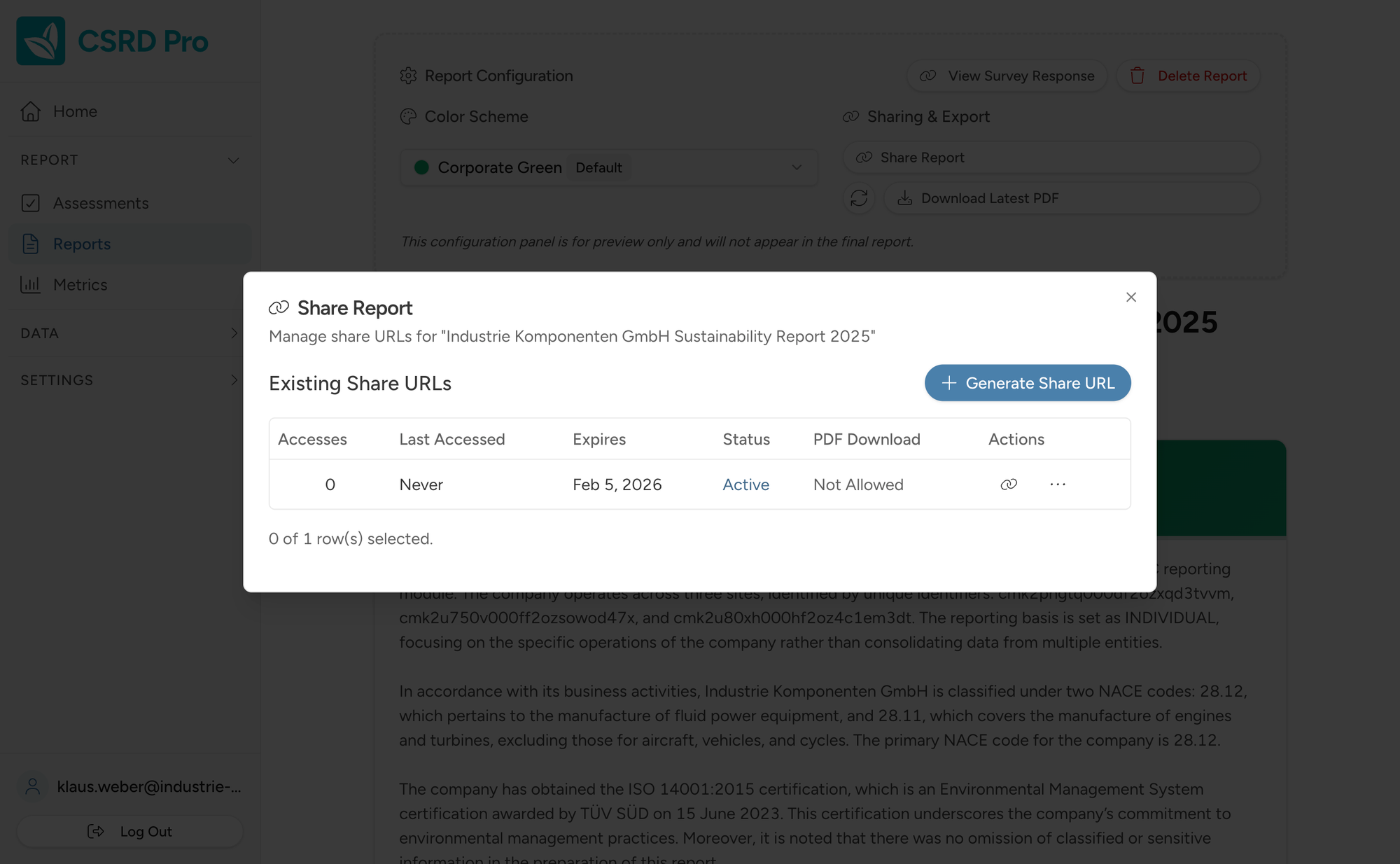Share report interface for distributing CSRD reports
