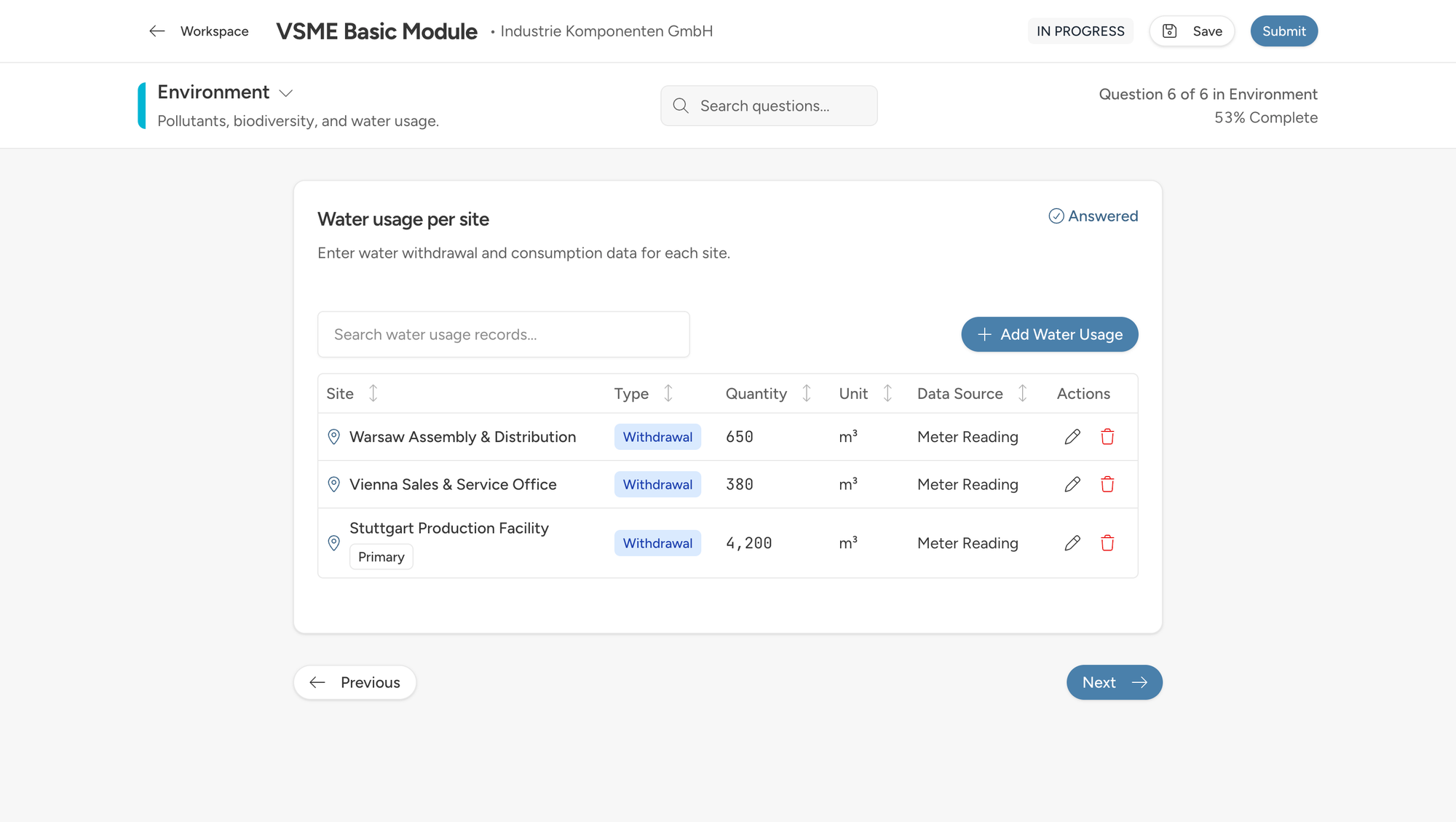 VSME-structured data collection interface showing water usage questions